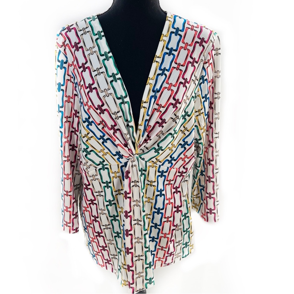 Studio by JPR Multicolor Chain Link Print Deep V-Neck 3/4 Sleeve Blouse Size XL - Picture 4 of 14